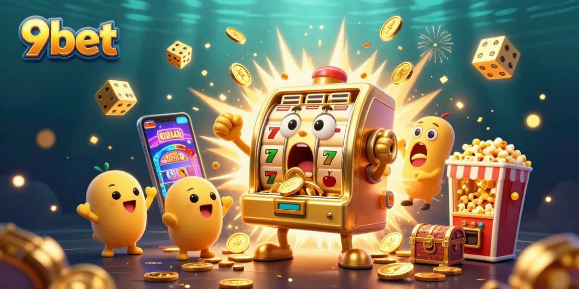 9bet's vibrant golden slot machine hits a jackpot, surrounded by cheering mini machines and casino elements.