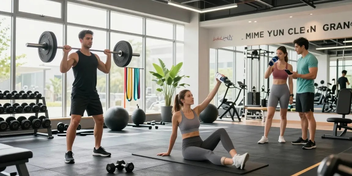 Deus Medical Sportler trainieren in einem modernen Fitnessstudio mit hochwertigen Geräten.