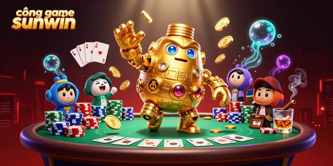Experience the excitement of cổng game sunwin with vibrant poker elements and a dynamic golden golem.