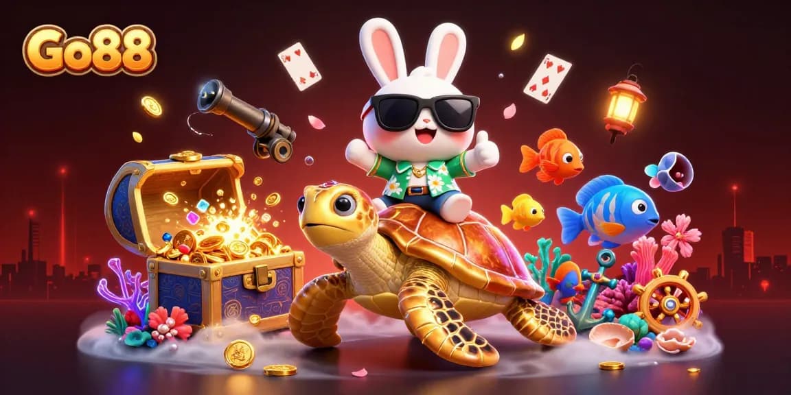 Spin to win with Go88 as a lucky rabbit rides a golden turtle amid underwater treasures.