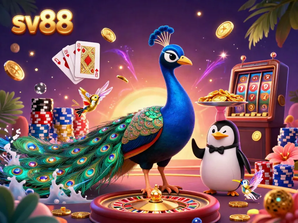 Experience casino excitement with sv88 featuring a vibrant peacock and golden chips in an engaging setting.