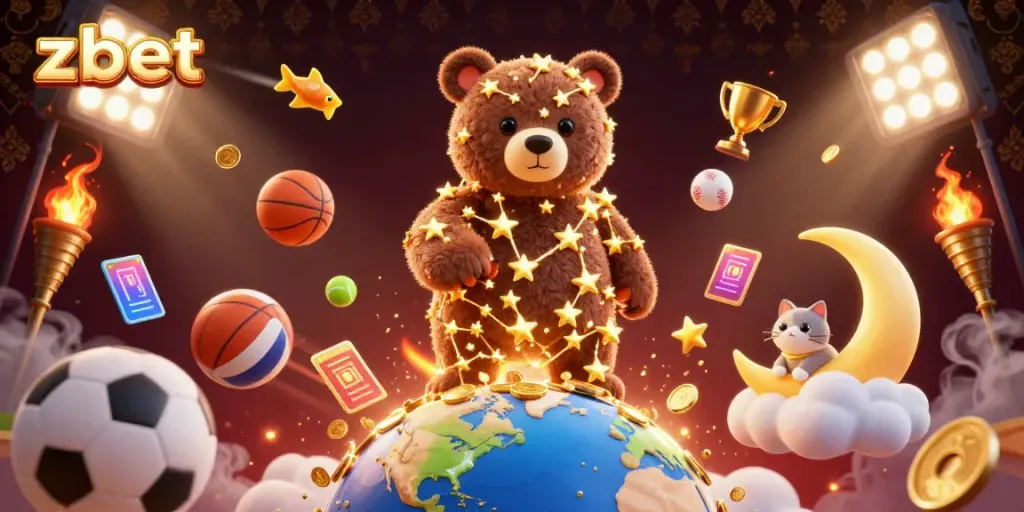 Zbet's animated casino scene showcases a golden constellation bear scooping coins, symbolizing winning potential.