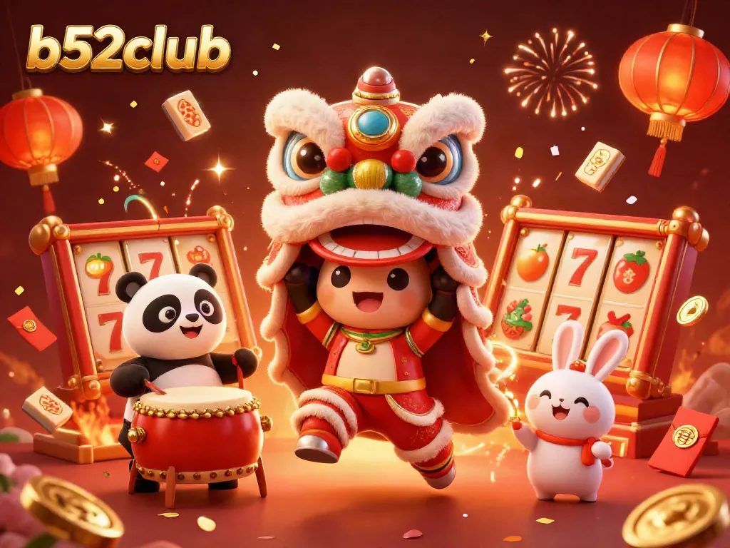 Engage with the b52club's vibrant festive gaming scene featuring lively characters and rich gambling elements.