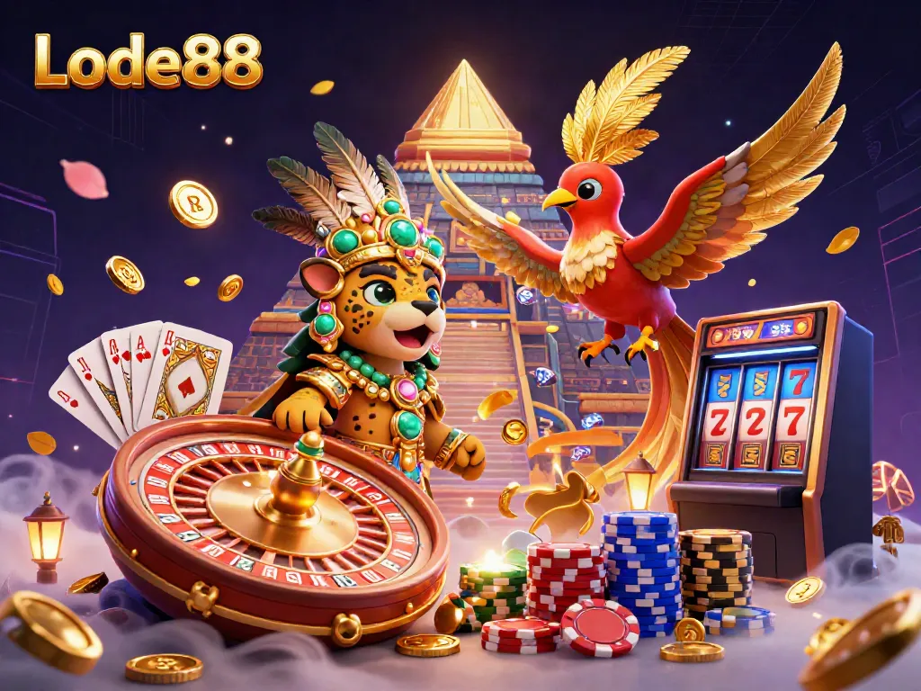 Play slots and roulette at Lode88, featuring a Mayan priest and 3D casino elements bursting with excitement.