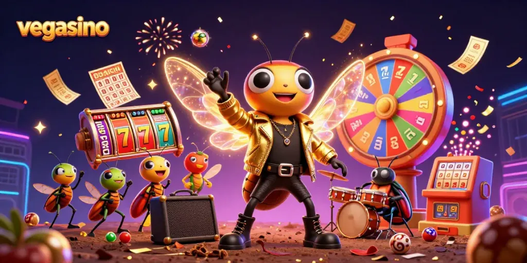 Engage with vegasino's electrifying casino scene featuring vibrant slot reels and dynamic golden tickets.