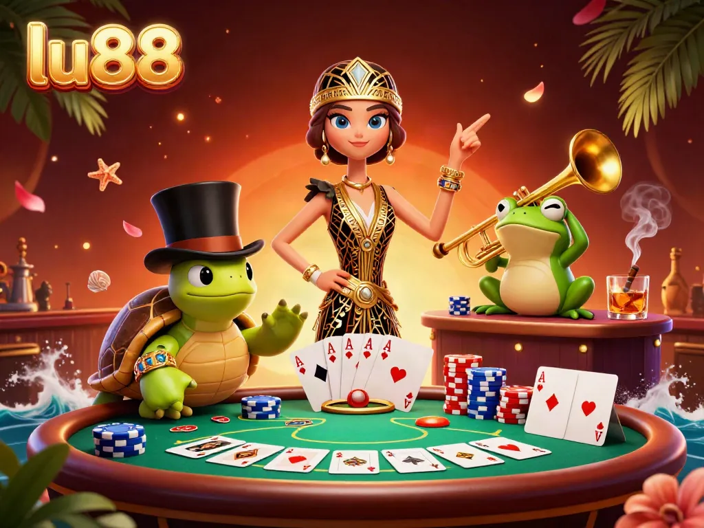 Experience thrilling gameplay at LU88 with a vivid scene depicting poker excitement and animated characters.