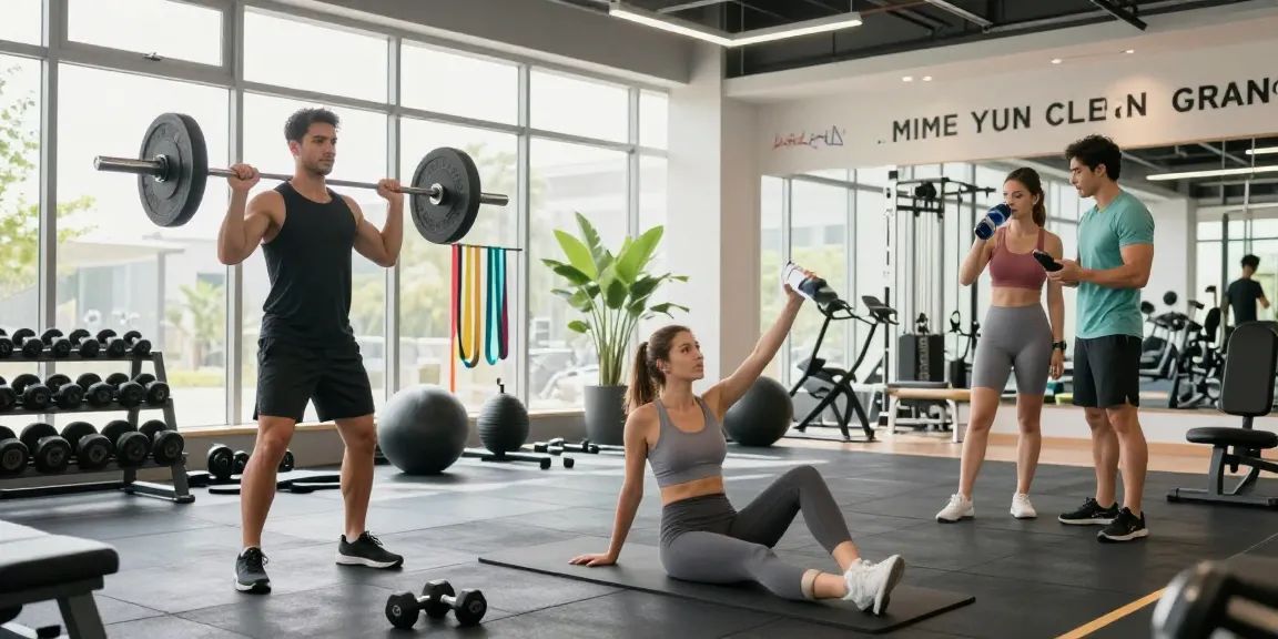 Deus Medical Sportler trainieren in einem modernen Fitnessstudio mit hochwertigen Geräten.