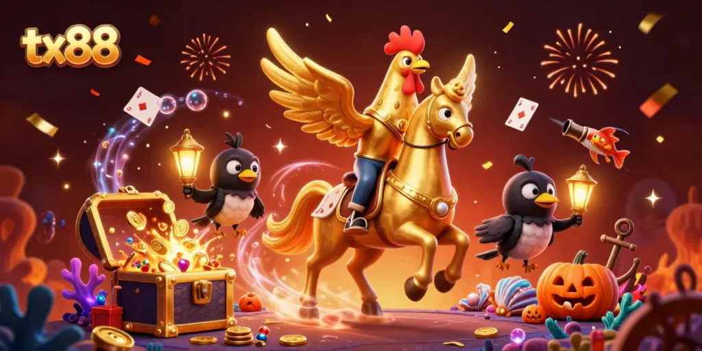 Experience the excitement of tx88 casino games in a vibrant 3D illustrated scene filled with captivating characters.