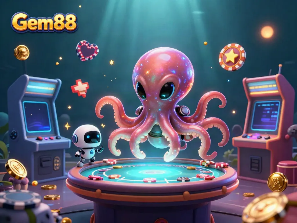 Experience excitement with Gem88's innovative alien octopus at a holographic poker table amidst vibrant casino elements.