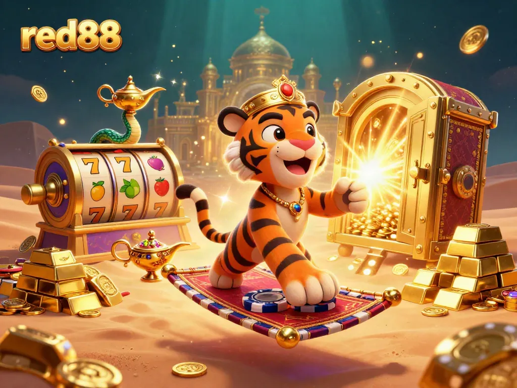 Experience thrilling gaming at red88 with a vibrant 3D casino illustration showing an Arabian sultan amidst sparkling treasures.