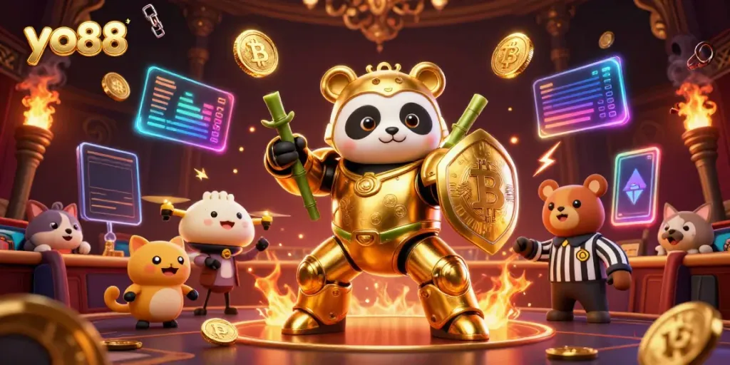 Experience the excitement of yo88 in a dynamic casino arena with a golden panda mech-suit and crypto elements.