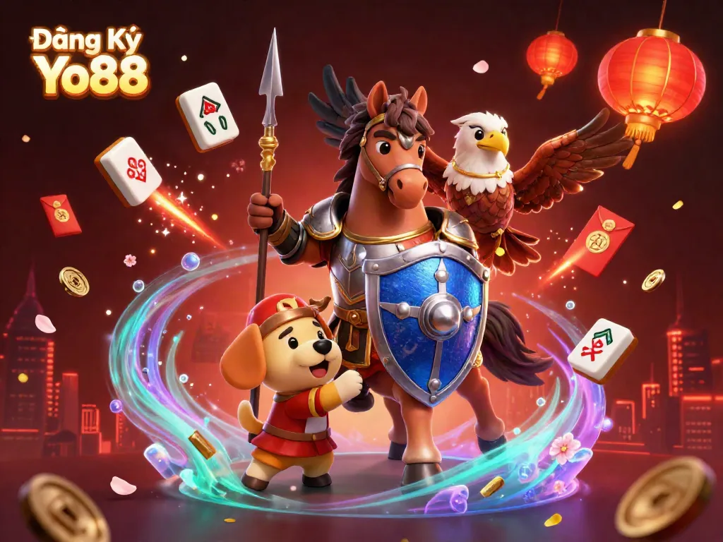 Experience the excitement of Đăng Ký Yo88 with a vibrant 3D illustration showcasing a medieval knight, squire puppy, and falcon surrounded by gambling elements.