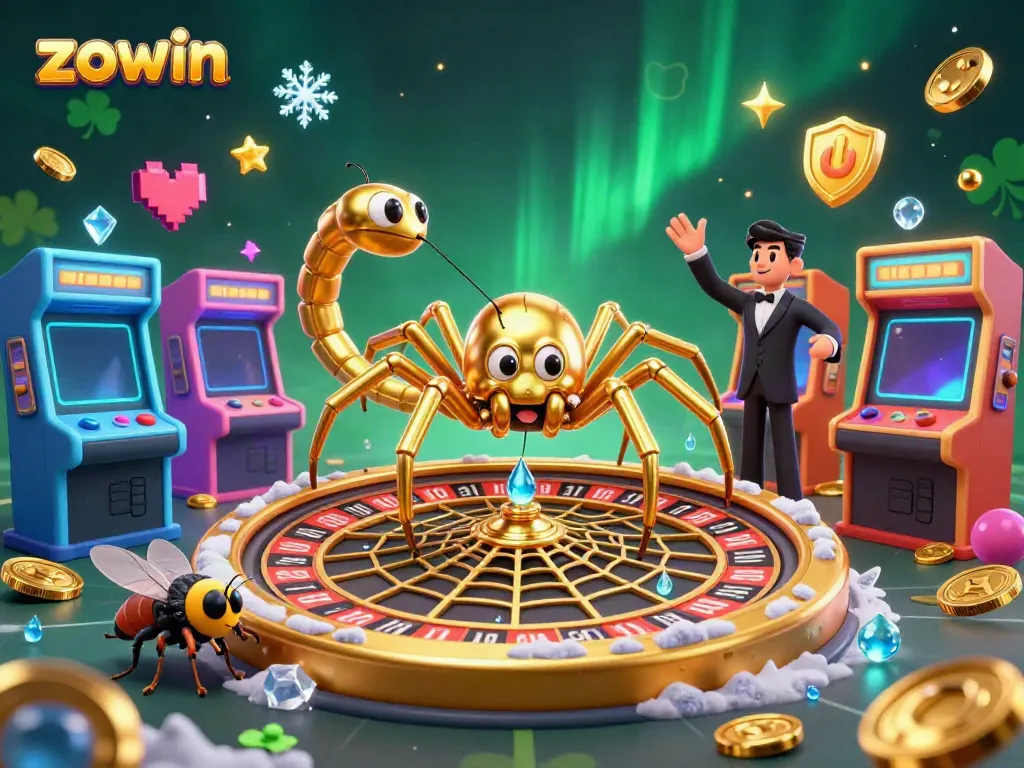 Zowin's golden spider and centipede croupier create a spectacular roulette-inspired scene, showcasing vibrant gaming elements.