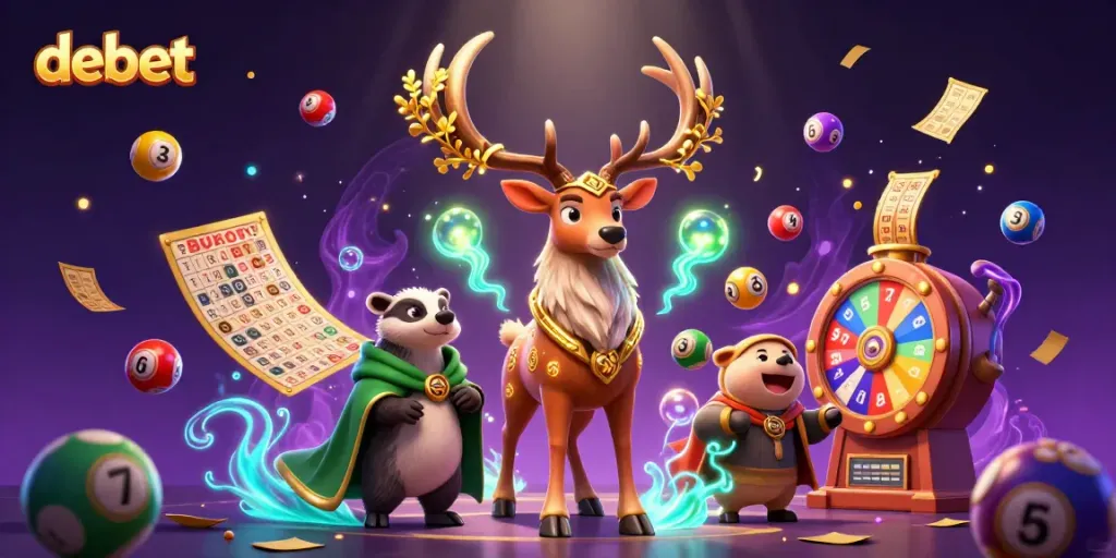 Engage in exciting gameplay with debet's vibrant symbols and characters in a magical casino scene.