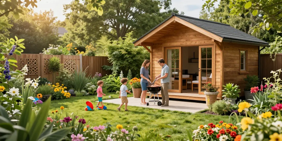 Ein modernes Garten Haus umgeben von üppigem Grün und bunten Blumen, perfekt für Familienbarbecues.