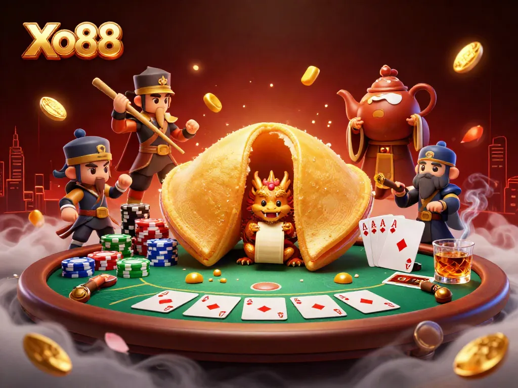 Xo88 features an engaging 3D scene of a giant fortune cookie and a wise dragon, surrounded by vibrant poker elements.