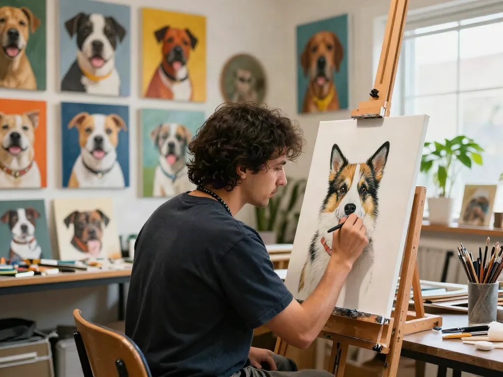Professioneller Künstler erstellt ein ausführliches Tierporträt in seinem Atelier, lokale Kunst und gemeinschaftlicher Service.