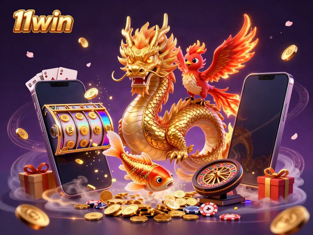 Engage with 11win's vibrant fantasy scene featuring a golden dragon, phoenix, and koi fish amidst explosive gaming action.
