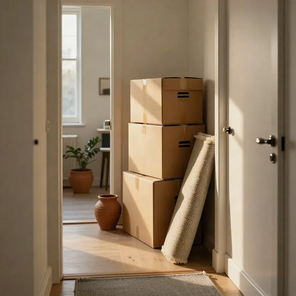 Flur einer Wohnung mit Umzugskartons, gerolltem Teppich und Blumentopf im Türrahmen