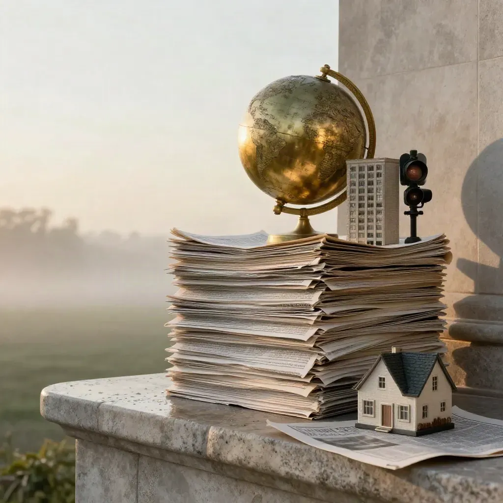 Sculturale Papierstapel mit Globus, Modellhaus und Signallampe im Morgenlicht auf Stein.