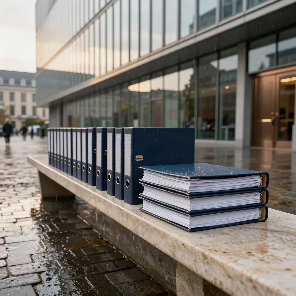 Regennasser Brüsseler Platz mit Aktenordnern auf einer Steinbank vor Glasfassade.
