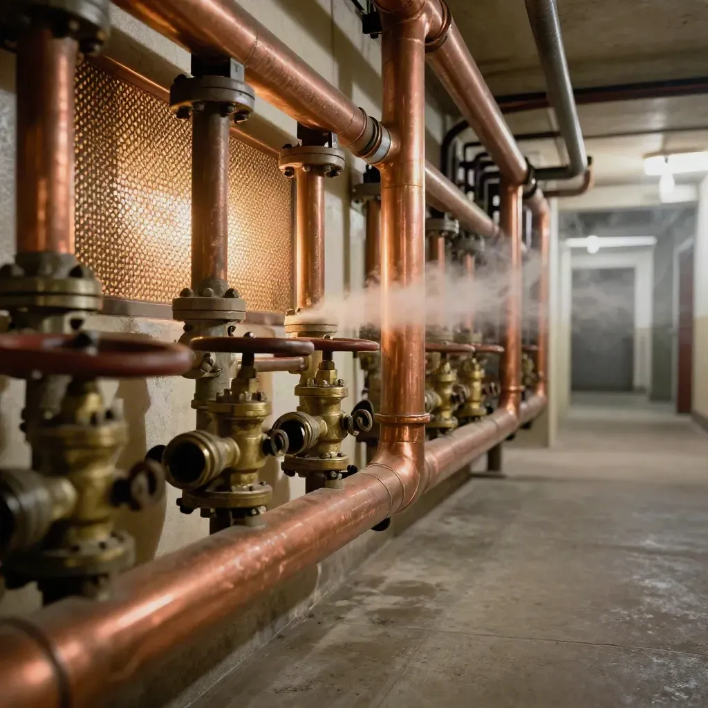 Kupferrohre im Kellerflur, warmer Dampf steigt am Heizkesselgitter auf.