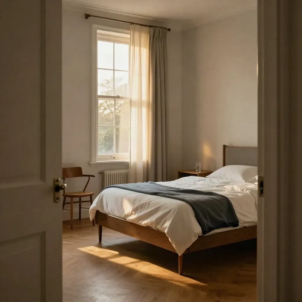 Ruhiges Pflegezimmer mit Bett, Stuhl, Wasserglas und sanft bewegten Vorhängen.