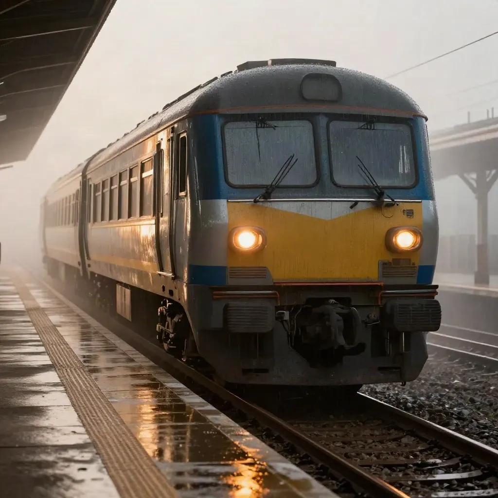 Regionalzug bremst im Nebel am nassen Bahnsteig, Bremslichter spiegeln auf den Schienen.