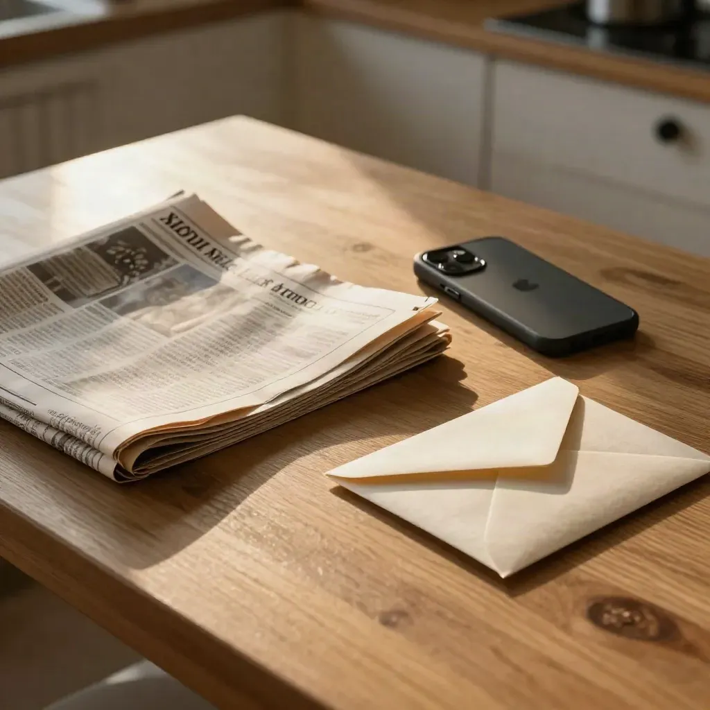 Drei Nachrichtenformen auf einem Küchentisch: Zeitung, Smartphone und Brief im Dreieck.