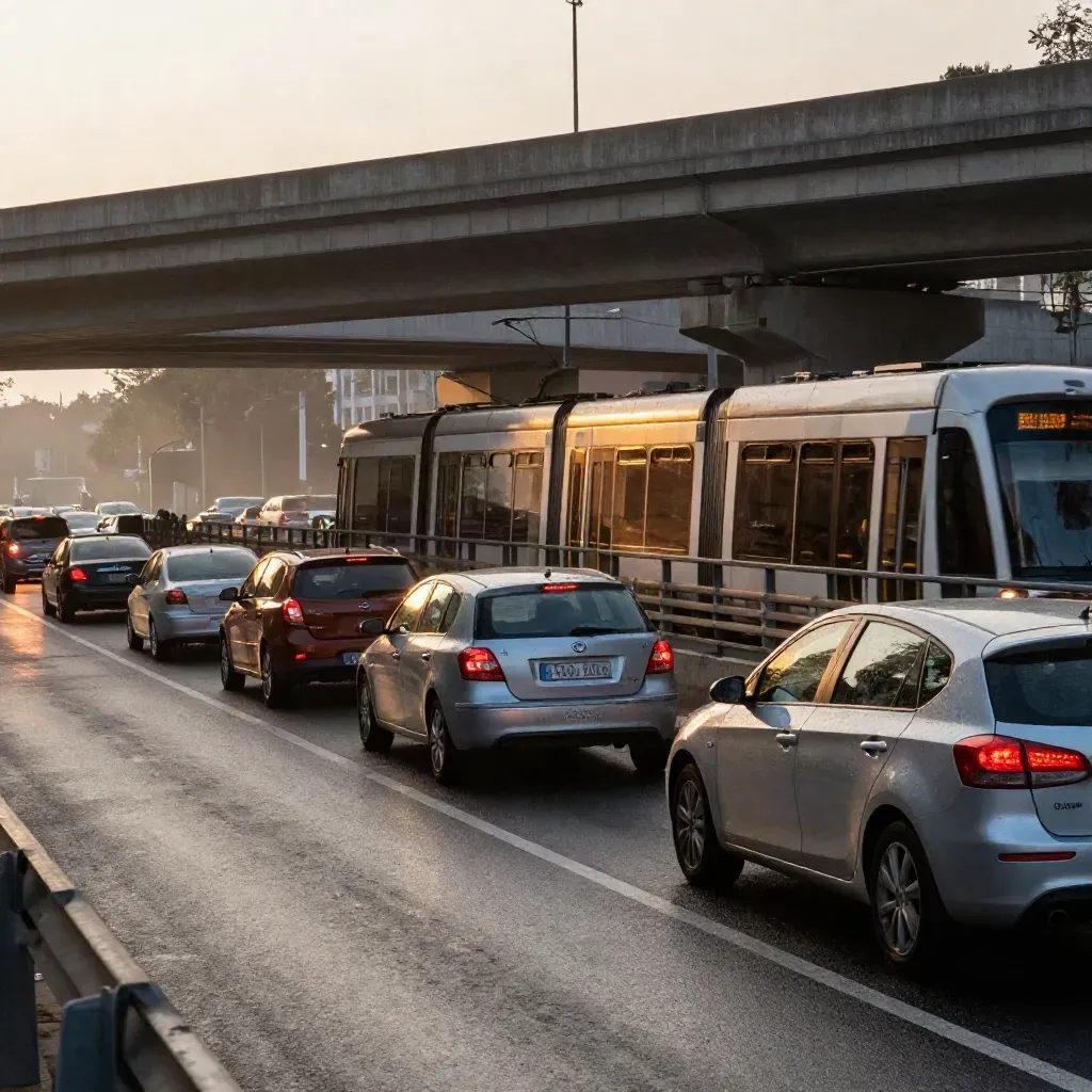 Niedrige Sicht auf Überführung mit Autoschlange und Tram im dichten Feierabendverkehr.
