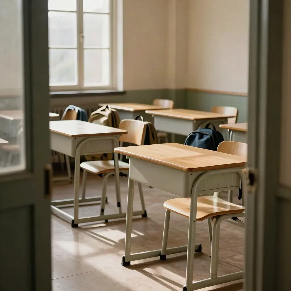 Leerer Klassenraum mit Sonnenlicht, ordentlichen Tischen und Schulranzen an Stühlen.