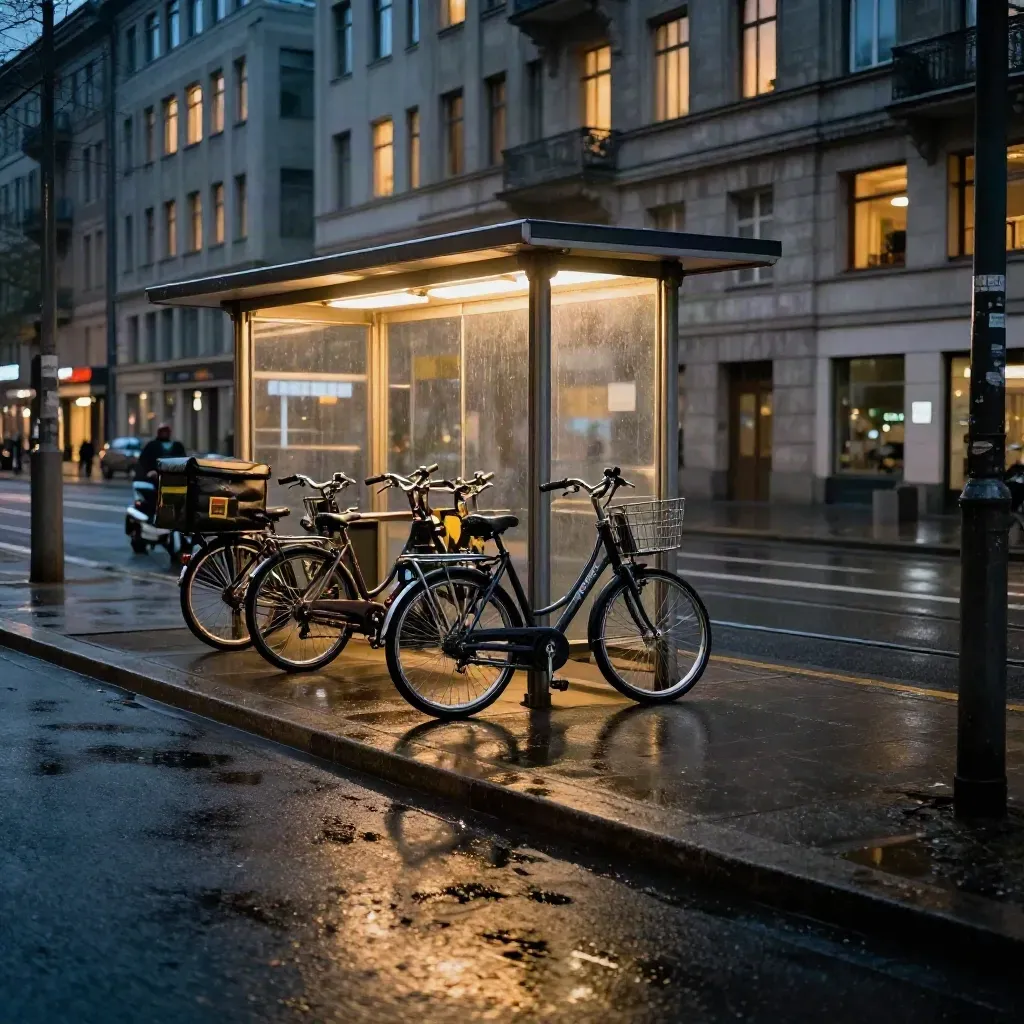 Abendliche Straßenecke mit Lieferfahrrädern, leuchtender Haltestelle und Bürowindows