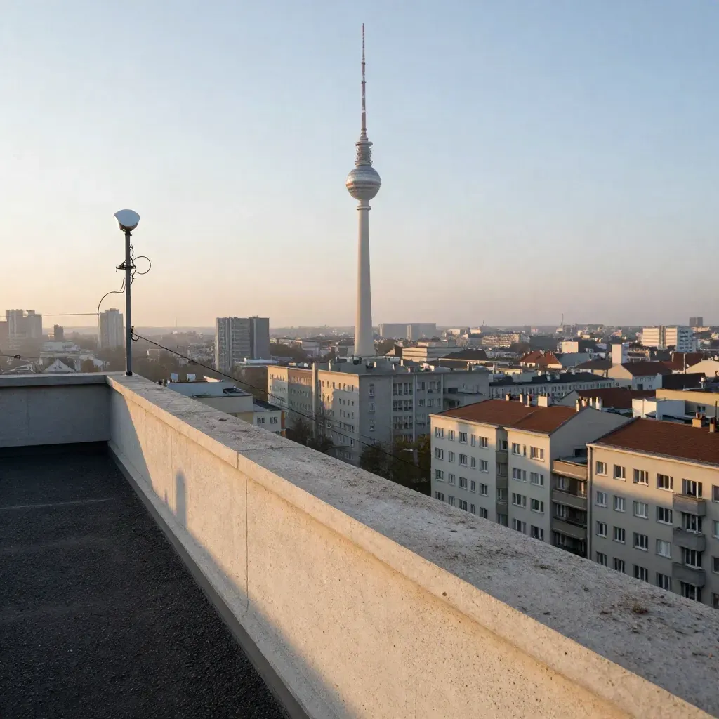 Blick über Berlin bei Blaue Stunde mit Fernsehturm, Häusern und Straßenbahnleitungen