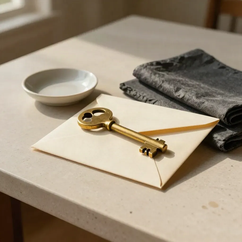 Brassschlüssel, verschlossener Elfenbeinumschlag, Keramikschale und Stoff auf hellem Putz.