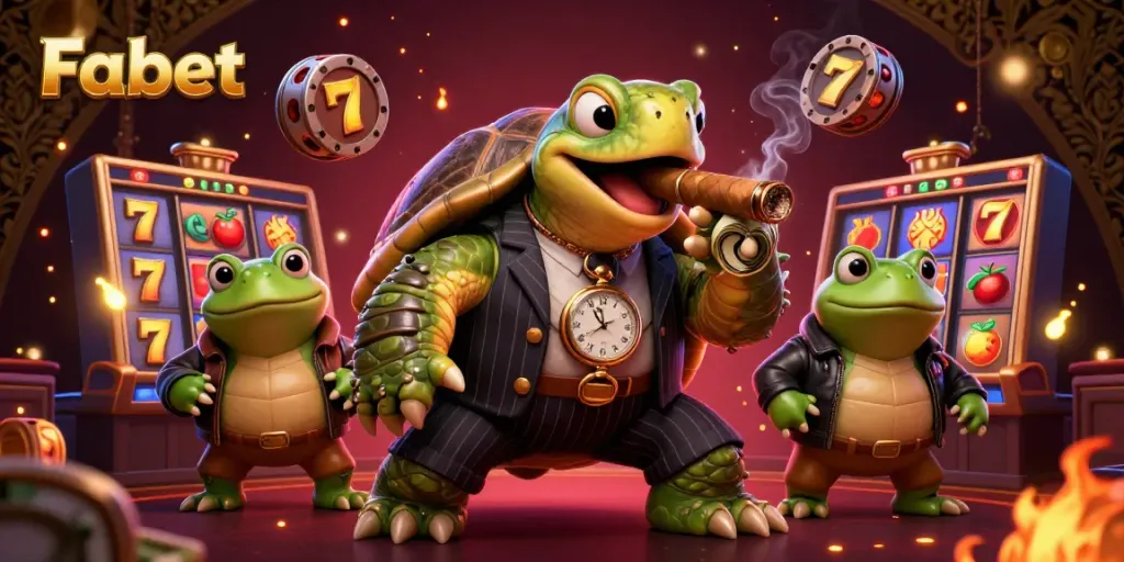 Experience Fabet's vibrant jackpot scene with a stylish turtle and dynamic slot elements.