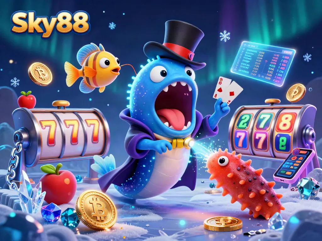 Win big at Sky88 with a vibrant illustration of deep-sea creatures showcasing thrilling casino action.
