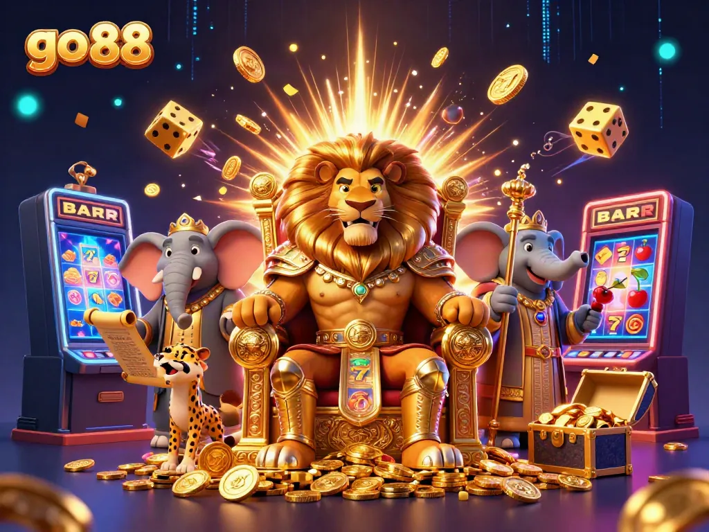 Engaging go 88 scene with royal lion, wise elephant, and swift cheetah amidst exploding jackpot elements.