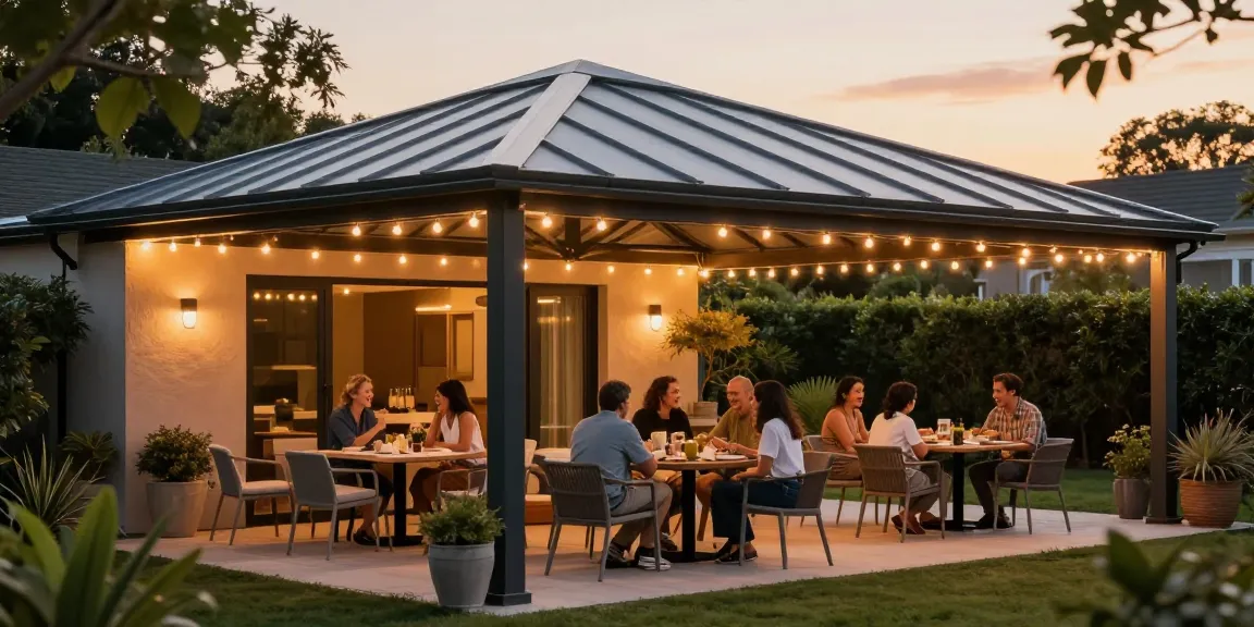 Moderne Terrassenüberdachung über stilvollen Möbeln bei Abendessen.