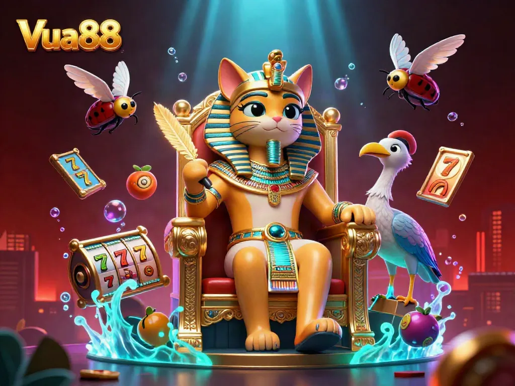 Experience thrilling gameplay at Vua88 with a vibrant 3D casino scene showcasing Egyptian themes and slot elements.