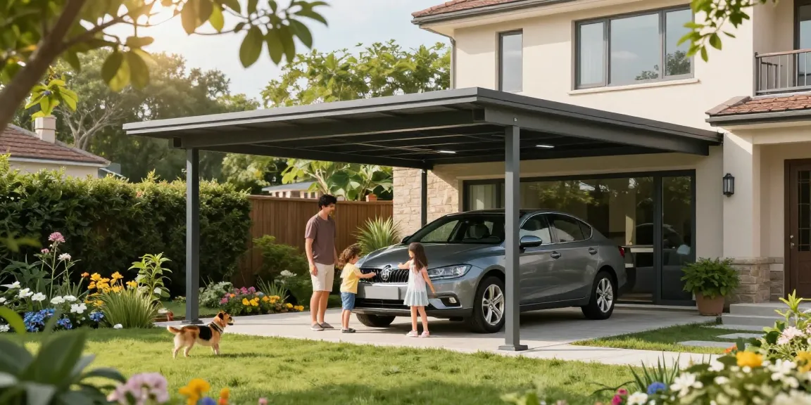 Moderne Carport Installation, familienfreundliche Umgebung mit Garten.