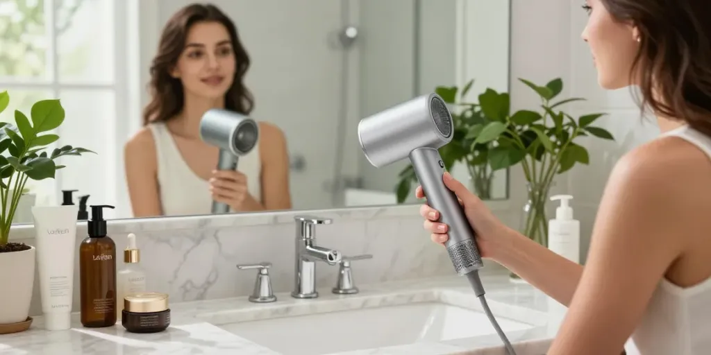 Der Laifen Fön sorgt für schnelles Trocknen im modernen Badezimmer mit stilvollen Pflegeprodukten.