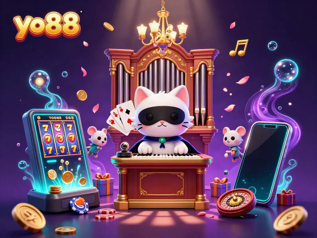 Experience playful excitement at yo88 with a 3D casino illustration featuring gaming elements and whimsical characters.