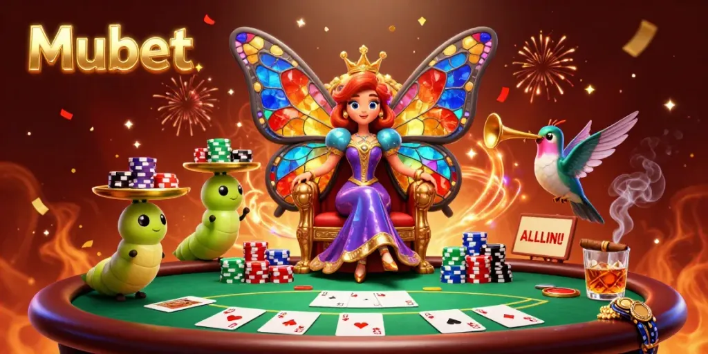 Mubet captivates players with vibrant casino energy, featuring a butterfly queen amidst poker chips.