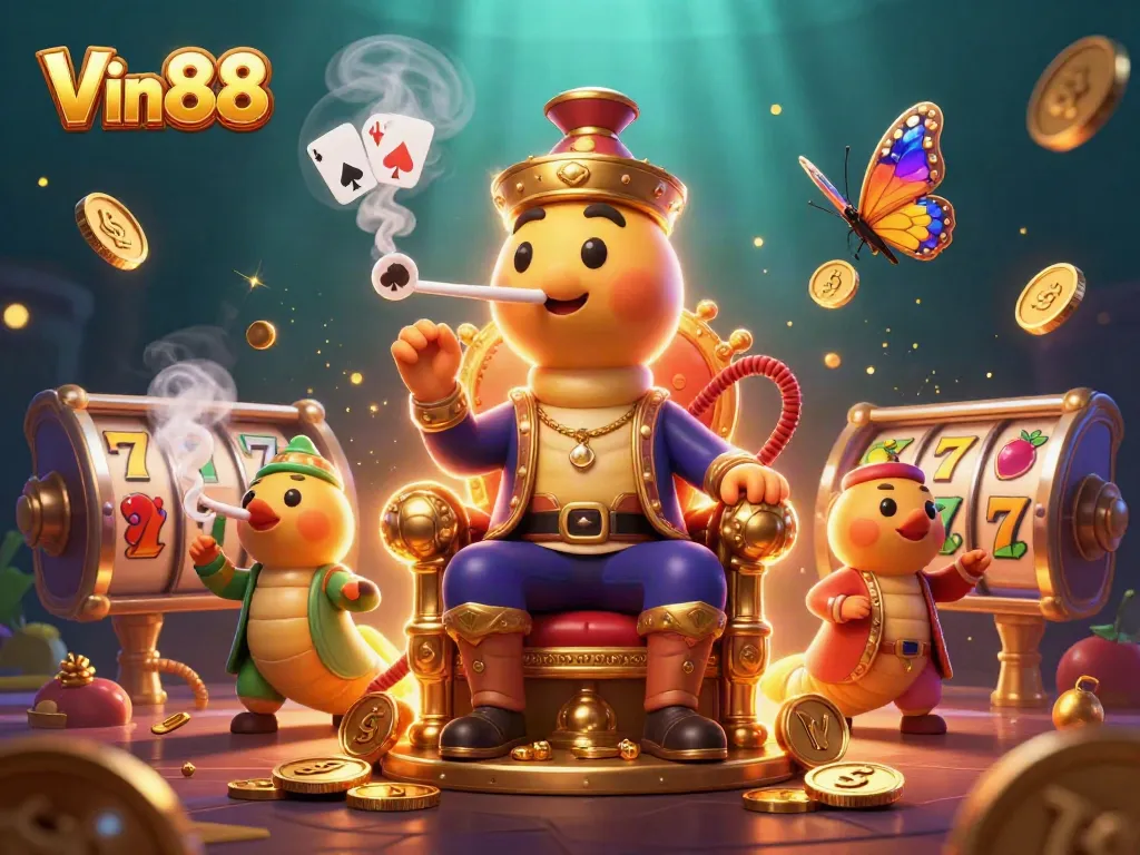 Play thrilling slots at Vin88 with an illustrated scene of unique gaming elements in a vibrant casino setting.