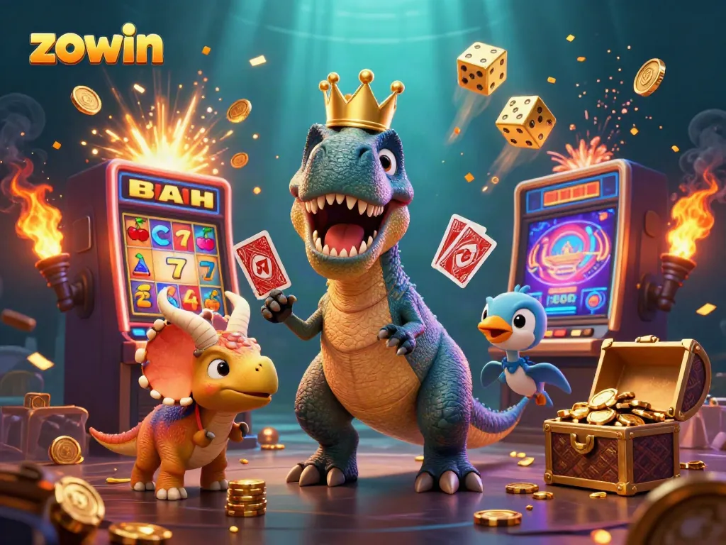 Zowin showcases a vibrant scene with a T-Rex and friends celebrating a jackpot in a dynamic casino environment.
