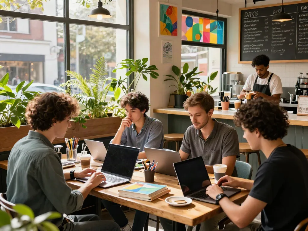 People enjoying coffee and using the rokok88 link in a vibrant urban café setting.