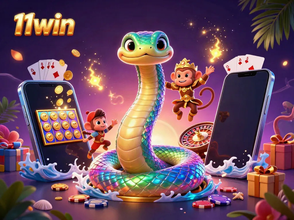 Experience thrilling slots and jackpots with 11win, represented by dynamic cartoon characters and colorful game elements.