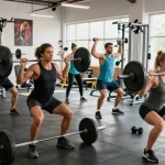 Bodybuilder im Steroidshop beim Training mit Gewichten in modernem Fitnessstudio.