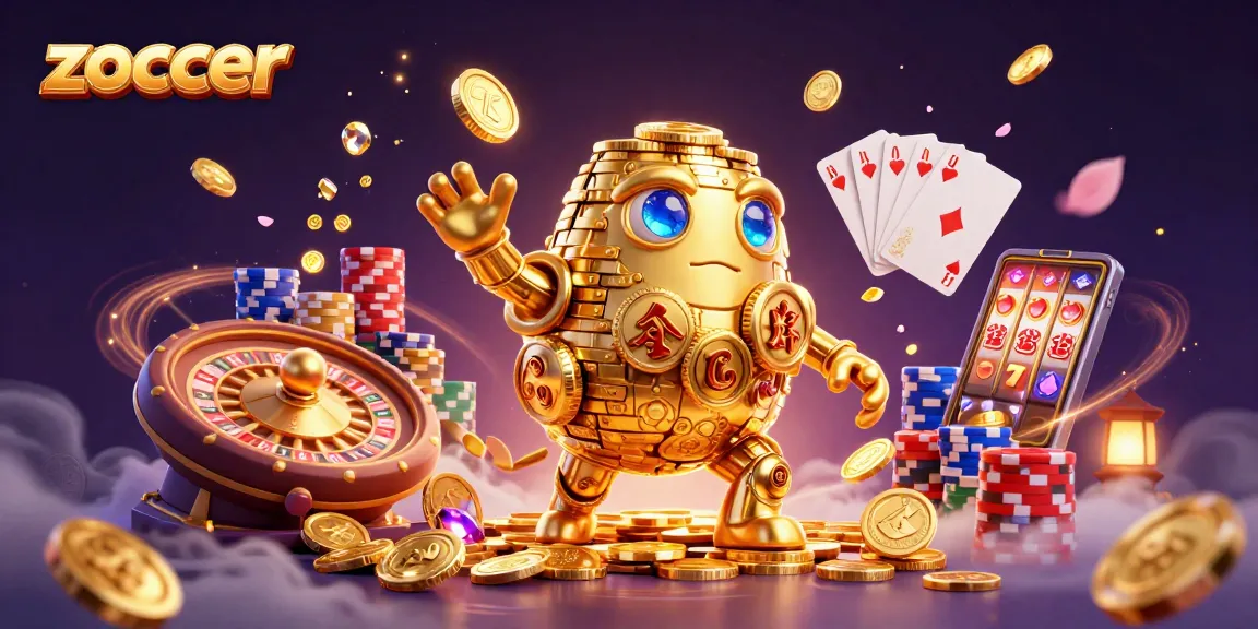 Experience zoccer's thrilling games as golden coins and slot symbols swirl in a magical casino scene.