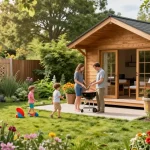 Ein modernes Garten Haus umgeben von üppigem Grün und bunten Blumen, perfekt für Familienbarbecues.